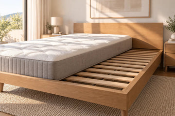 Base de cama de madera con tablas y colchón Calm a medio instalar
