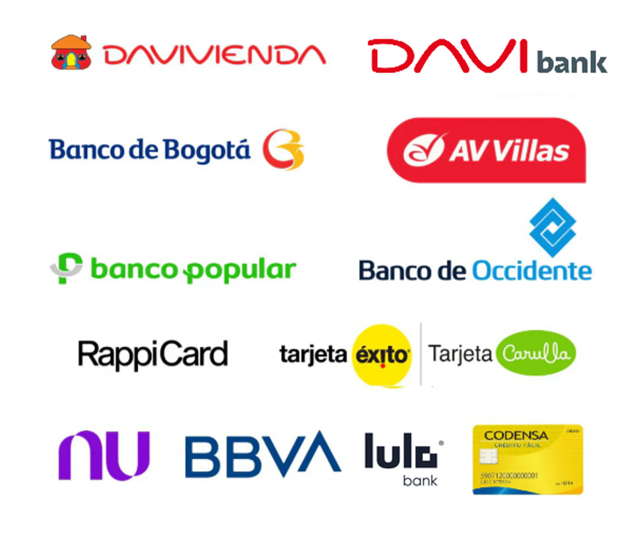 Davivienda, DaviBank, Banco de Bogotá, AV Villas, Banco Popular, Banco de Occidente, RappiCard, Tarjeta Éxito, Tarjeta Carulla, Nu, BBVA, Lulo Bank y Codensa