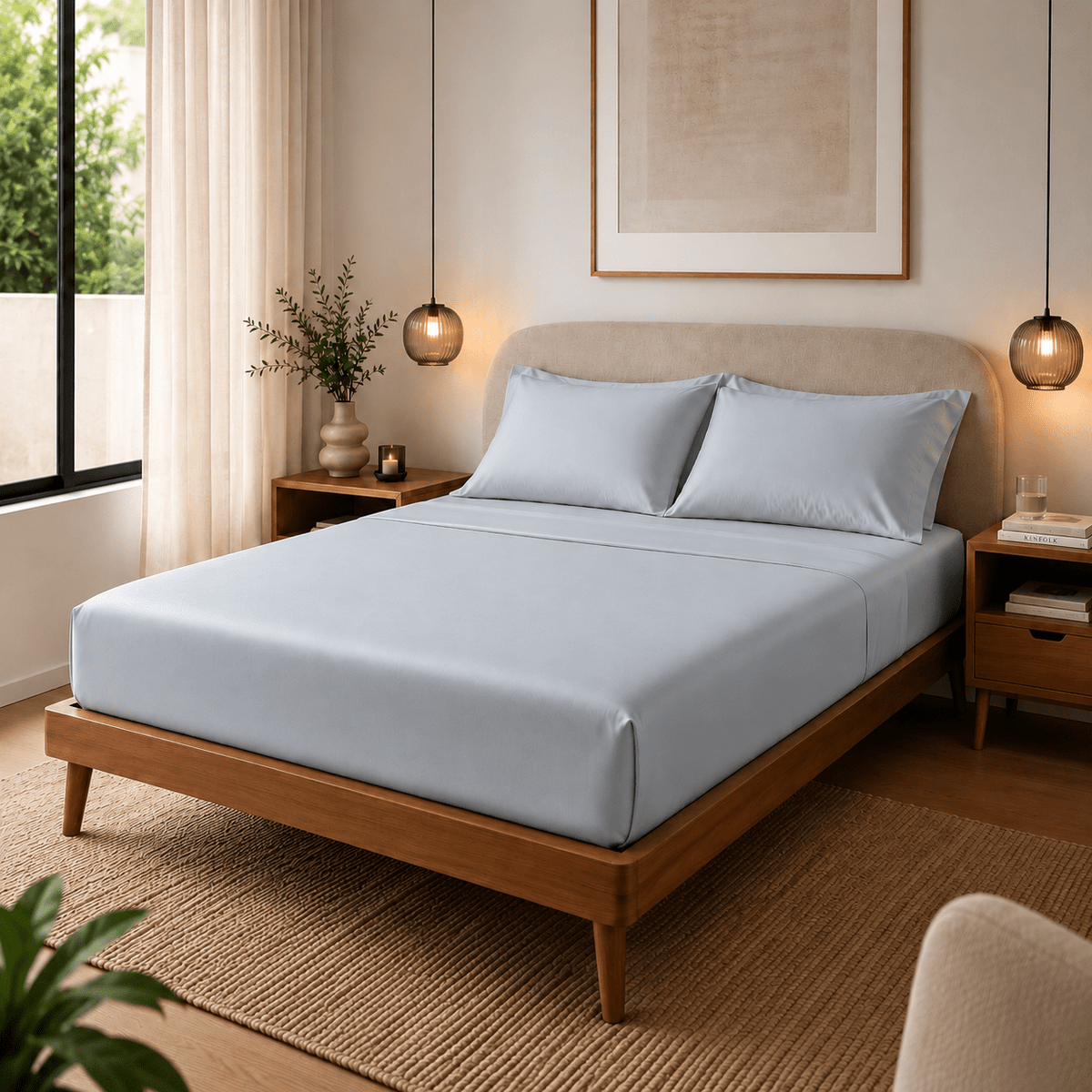Cama tendida con sábanas Calm Bambú 230 color gris claro