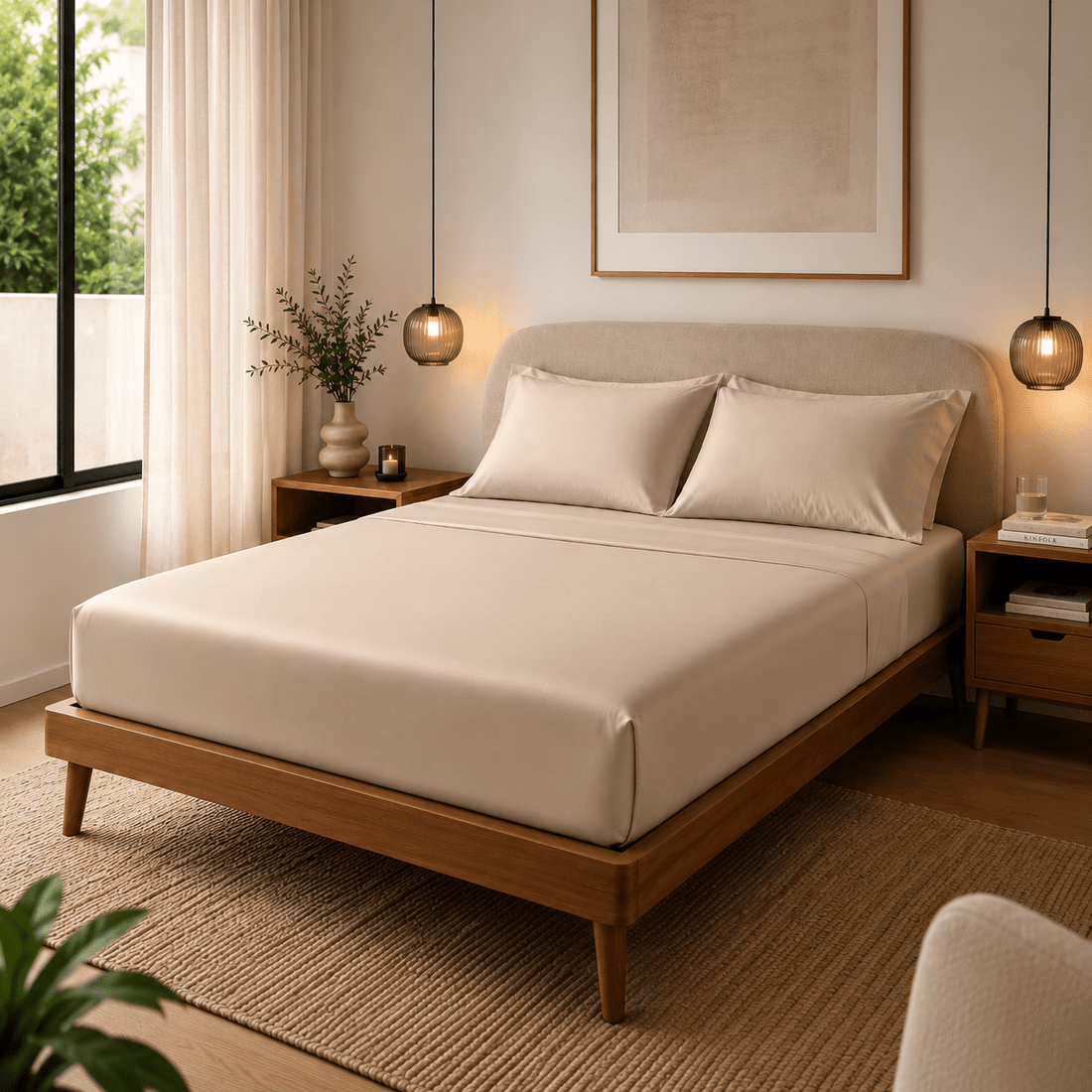 Juego de sábanas Calm Bambú 230 color beige doblado con sus fundas
