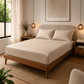 Cama tendida con sábanas Calm Bambú 230 color beige