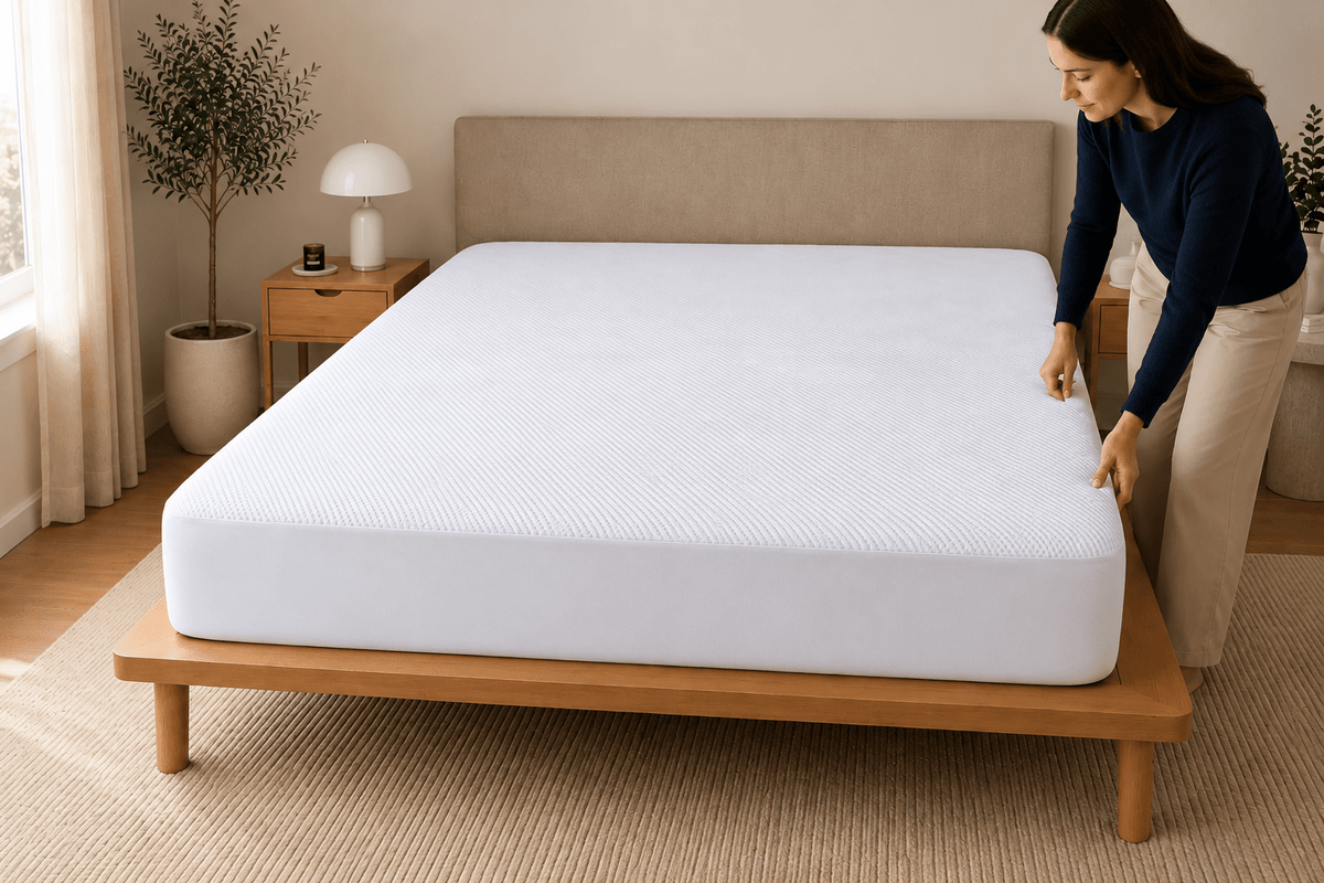 Mujer instalando el protector Calm Shield Coolmax en la cama