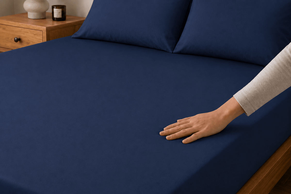 Mano sobre las sábanas Calm Microfiber color azul