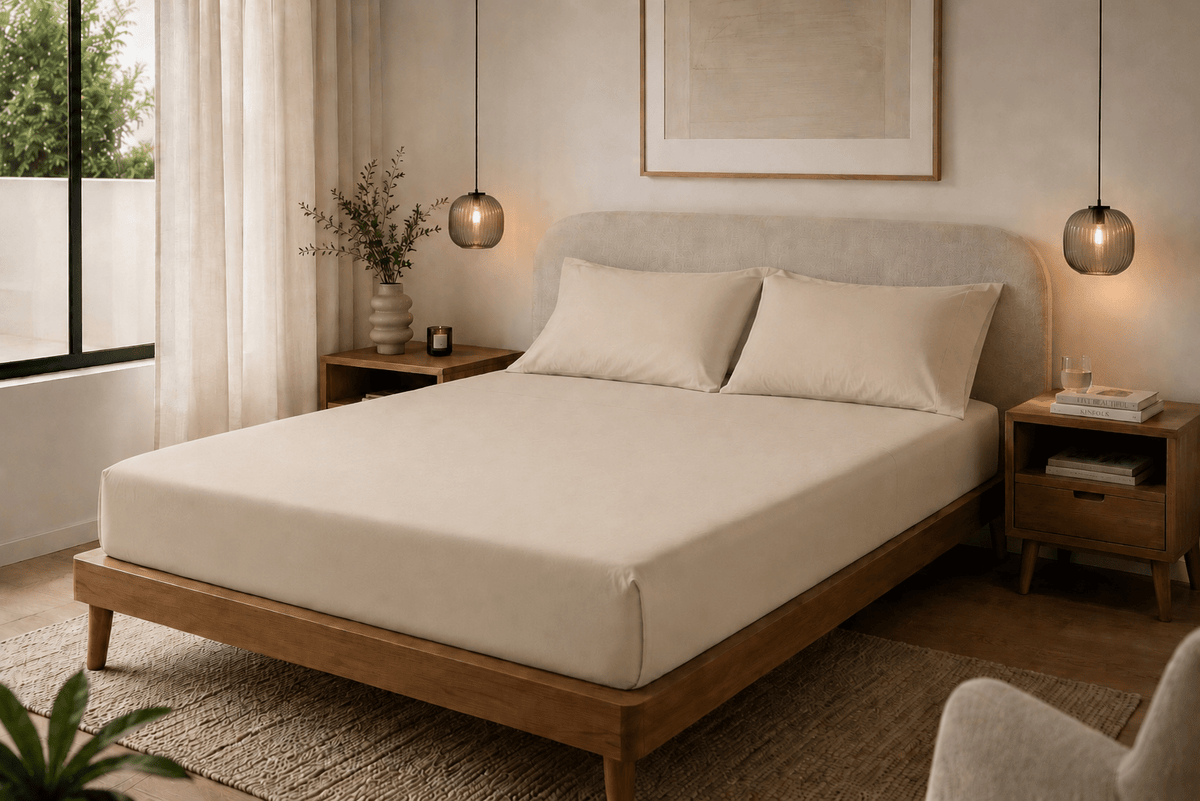 Cama tendida con sábanas Calm Microfiber color beige