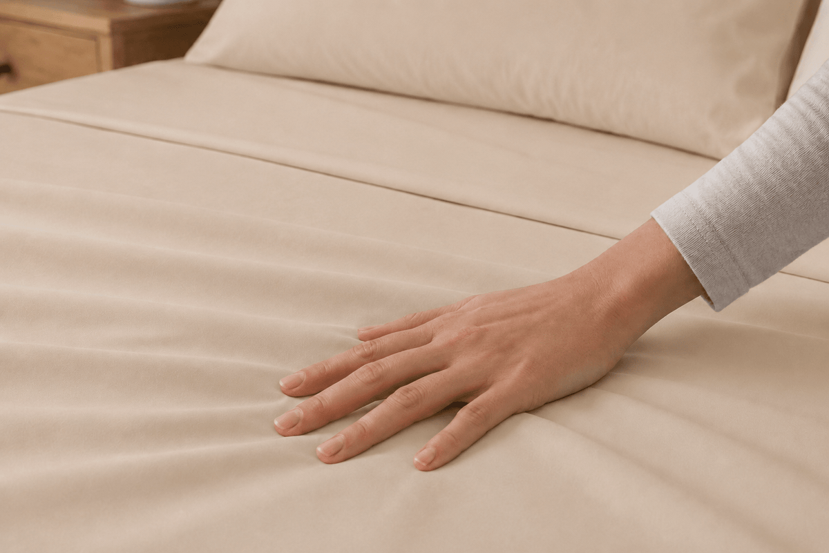 Mano alisando las sábanas Calm Microfiber color beige