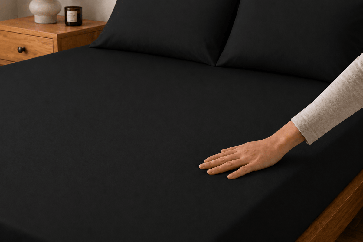 Mano sobre las sábanas Calm Microfiber color negro