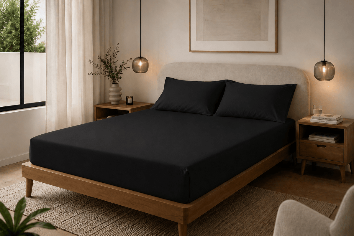 Cama tendida con sábanas Calm Microfiber color negro