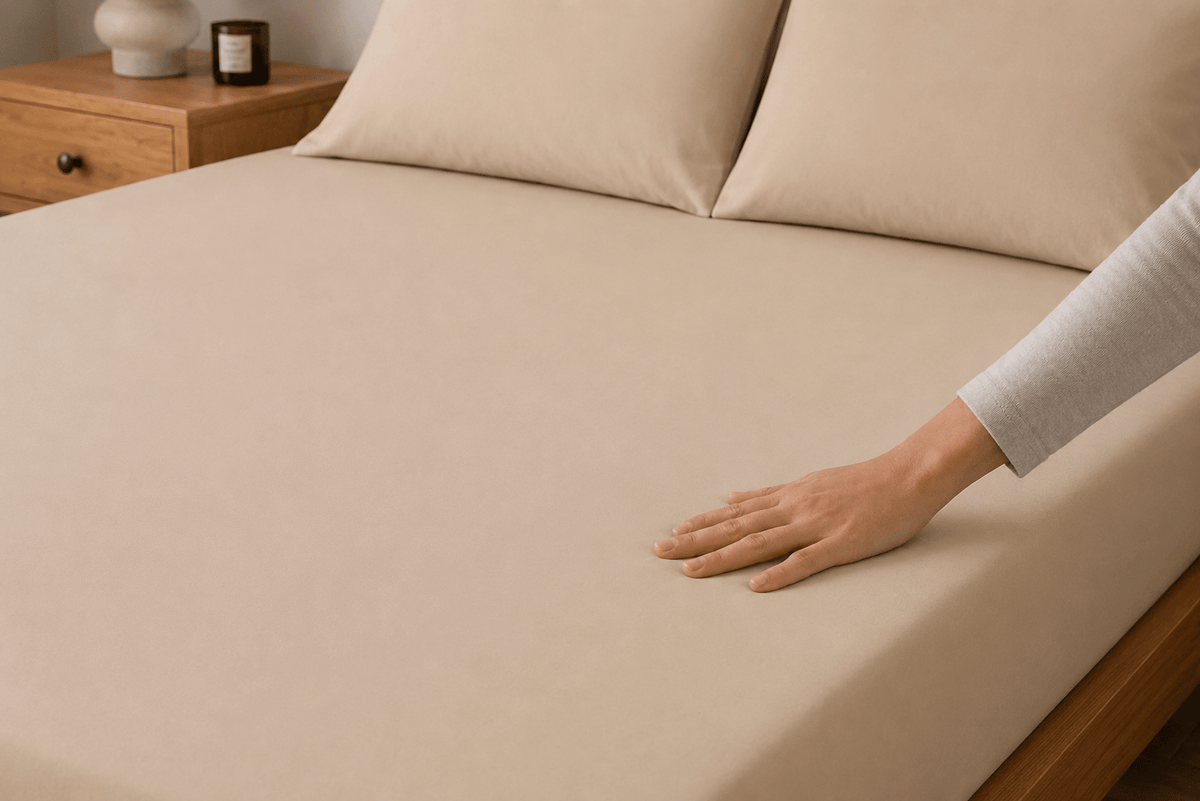 Mano sobre las sábanas Calm Microfiber color beige