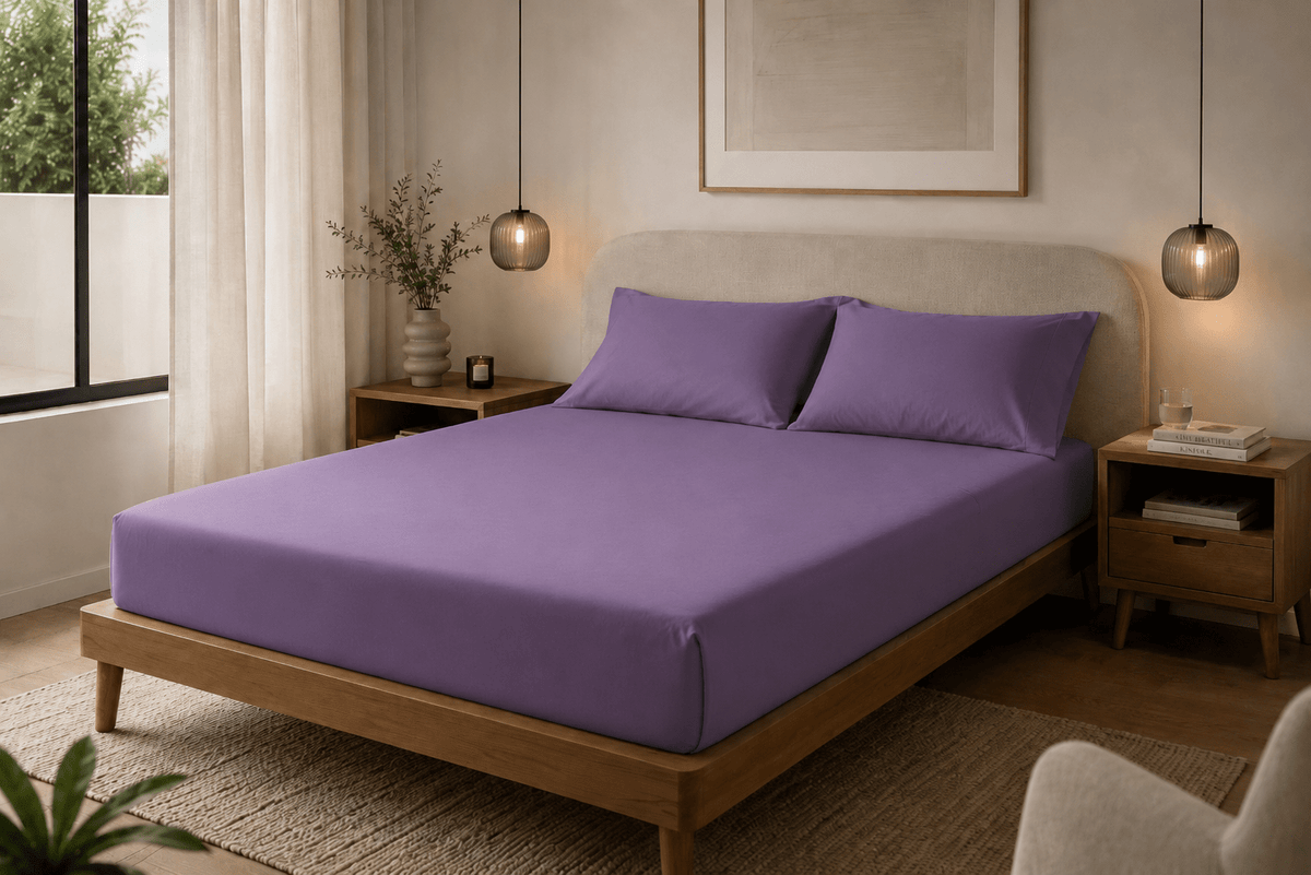 Cama tendida con sábanas Calm Microfiber color púrpura